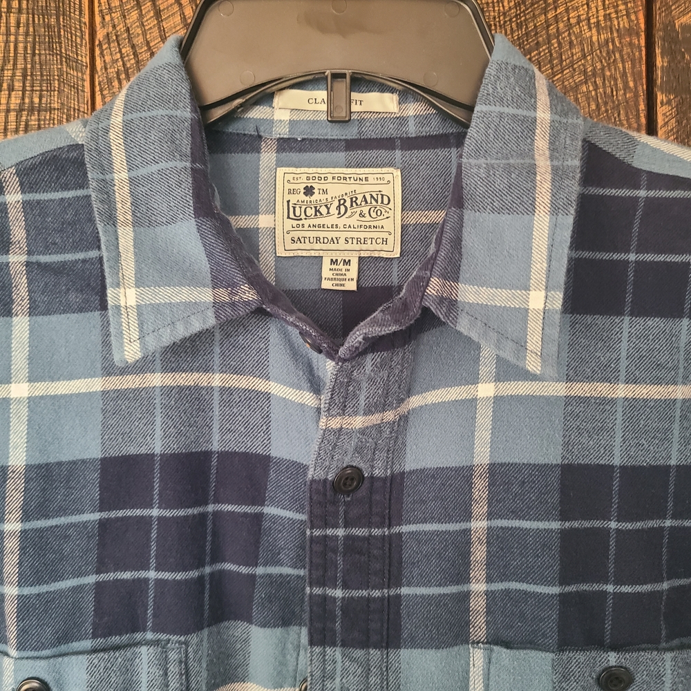 Lucky Brand Mens Medium Navy and Light Blue Plaid Shirt Long Sleeve Flannel